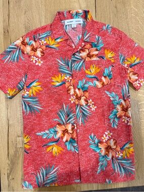 Old Navy Red Tropical Floral Camp Shirt with Teal & Yellow Accents